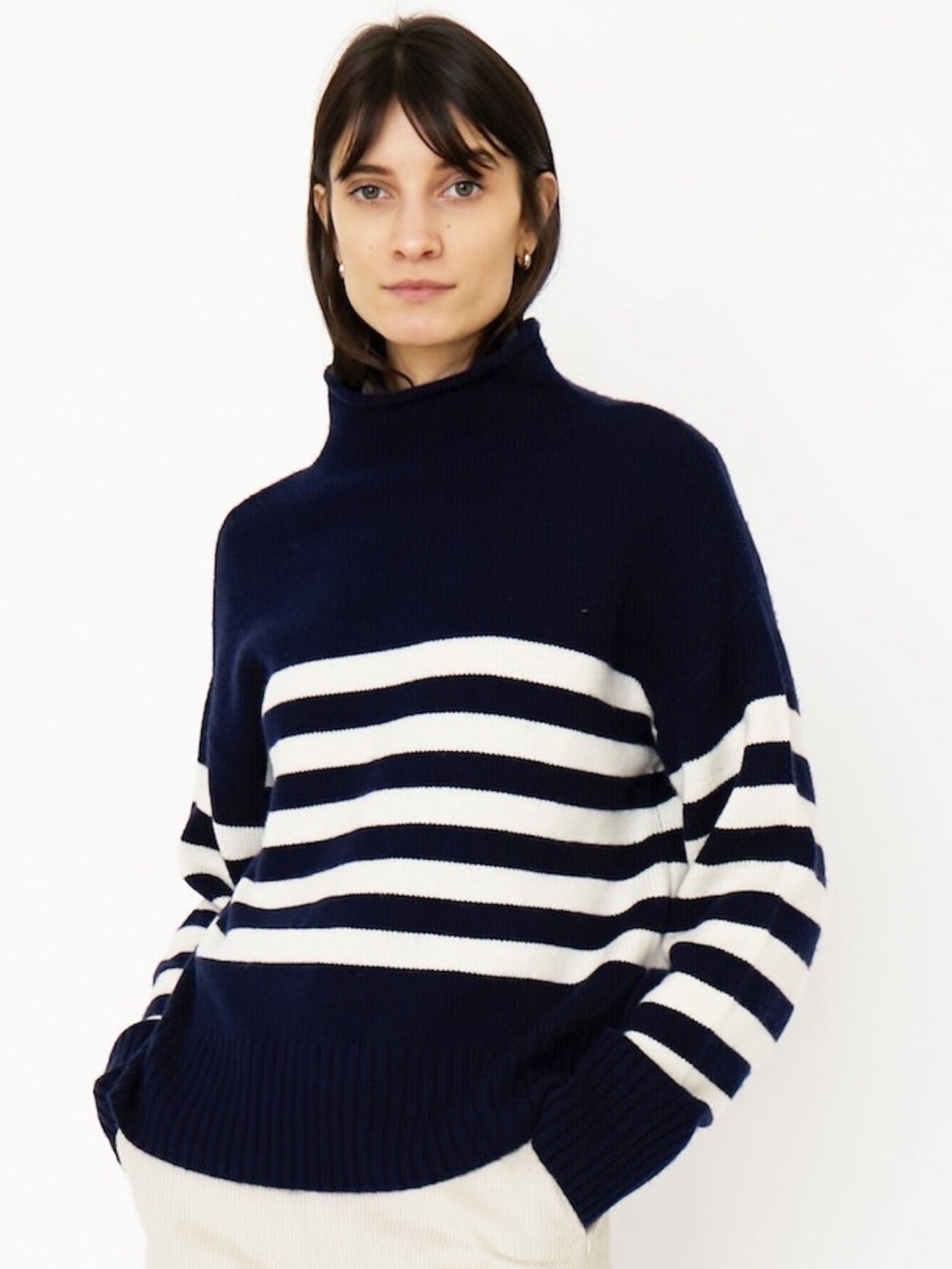 Kule | The Lucca Cashmere Wool Mock Neck Striped Sweater Cream Navy XL